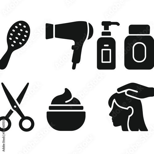 Hair Care Icons. Solid style icons of hair care: hairbrush, hairdryer, shampoo, conditioner, hair clip, scissors, hair mask, scalp
