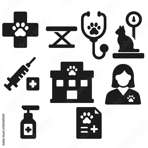 Vet Clinic Icons. Solid style icons of vet clinic: vet symbol, exam table, stethoscope with paw, pet scale, vaccination room,