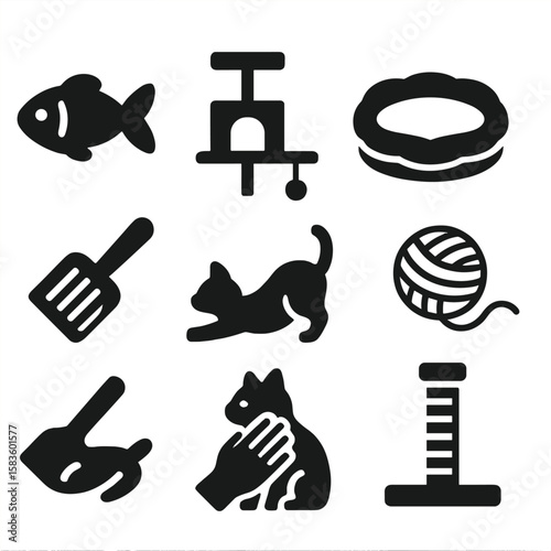 Cat Care Icons. Solid style icons of cat care: fish toy, cat tree, cozy cushion, yarn ball, litter scoop, stretching cat, cat