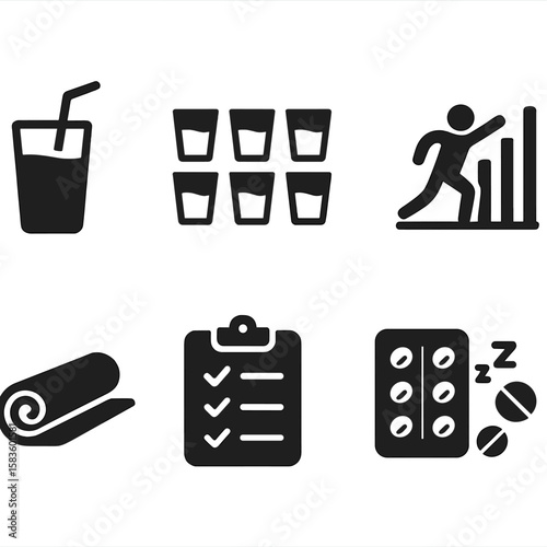 Wellness Routine Icons. Solid style icons of wellness routine: healthy smoothie, 8 glasses of water, step counter, stretching