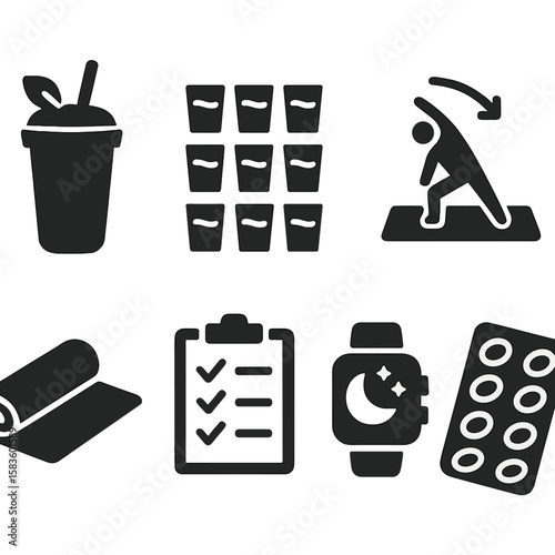 Wellness Routine Icons. Solid style icons of wellness routine: healthy smoothie, 8 glasses of water, step counter, stretching