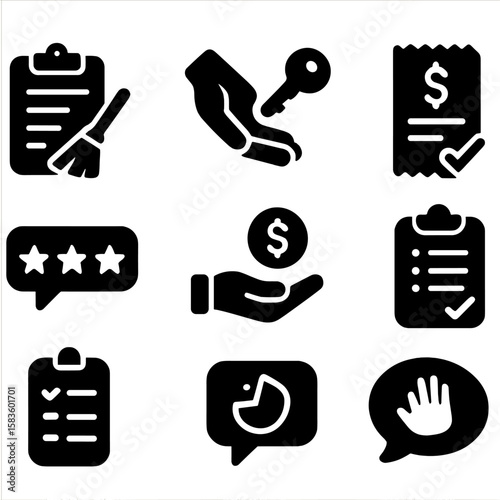 Move-Out Icons. Solid style icons of move-out process: cleaning checklist, key return, damage report, final bill, review left,