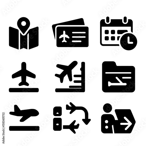 Travel Icon Set. Solid style icons of travel itinerary: trip overview, multiple tickets, schedule planner, arrival time, departure