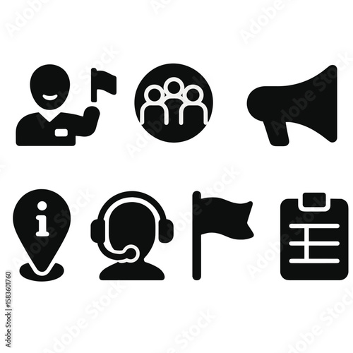 Guided Tour Icons. Solid style icons of guided tour basics: tour guide icon, group tour badge, guided route map, megaphone symbol,