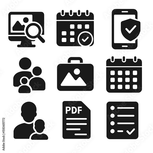 Tour Booking Icons. Solid style icons of tour booking process: tour search, date selection, booking confirmation, availability
