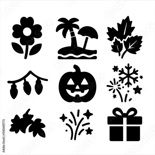Seasonal Icon Collection. Solid style icons of seasonal themes: spring flower theme, summer beach theme, autumn leaves, winter