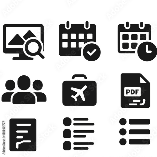 Tour Booking Icons. Solid style icons of tour booking process: tour search, date selection, booking confirmation, availability