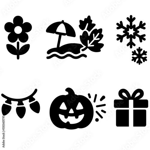Seasonal Icon Collection. Solid style icons of seasonal themes: spring flower theme, summer beach theme, autumn leaves, winter