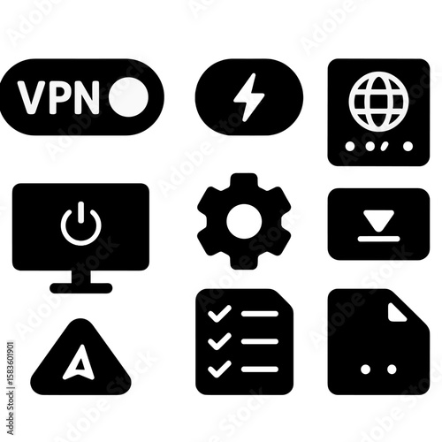 Solid Style VPN Icons. Solid style icons of VPN settings: connection toggle, auto-connect switch, custom DNS, protocol dropdown,