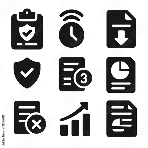 VPN Log Icons. Solid style icons of VPN logs and reports: connection log, usage history, session count, download log, audit badge,