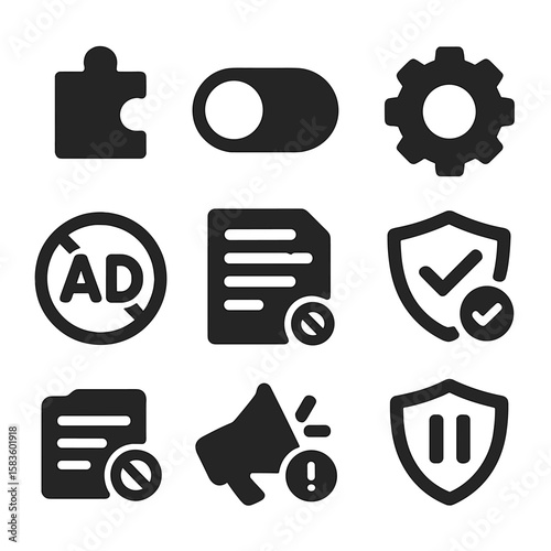 Extension Control Icons. Solid style icons of extension controls: browser plugin icon, on/off toggle, extension gear, whitelist