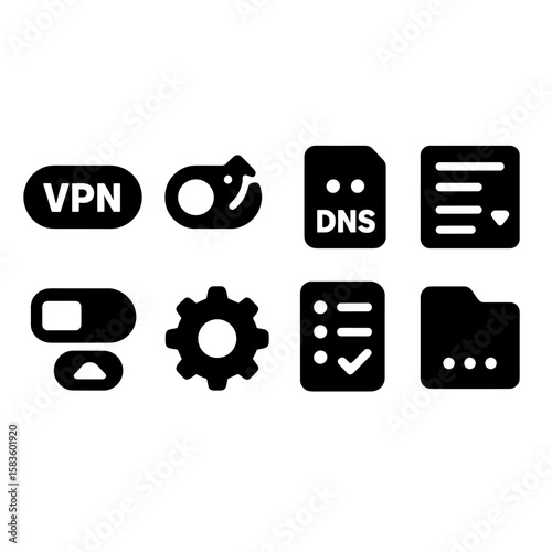 Solid Style VPN Icons. Solid style icons of VPN settings: connection toggle, auto-connect switch, custom DNS, protocol dropdown,