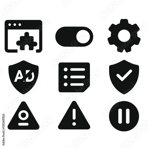 Extension Control Icons. Solid style icons of extension controls: browser plugin icon, on/off toggle, extension gear, whitelist