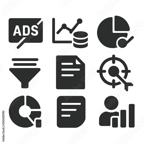 Solid Analytics Icons. Solid style icons of analytics and stats: ads blocked counter, saved data graph, blocked domains chart,