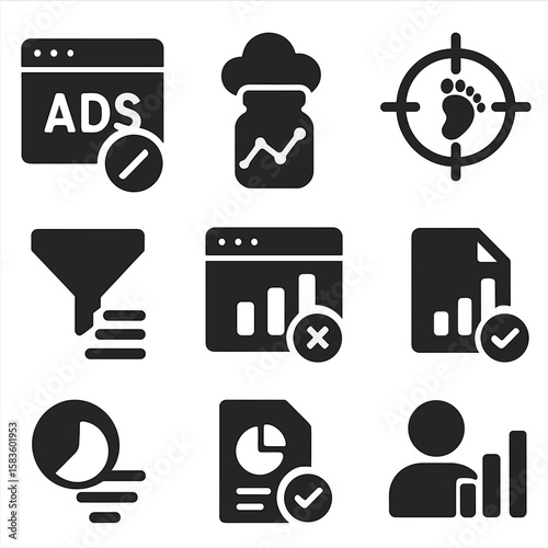 Solid Analytics Icons. Solid style icons of analytics and stats: ads blocked counter, saved data graph, blocked domains chart,