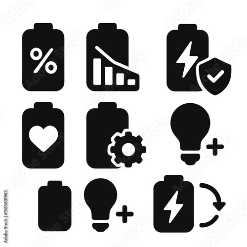 Battery Health Icons. Solid style icons of battery health: battery percentage icon, battery wear chart, full charge icon, battery