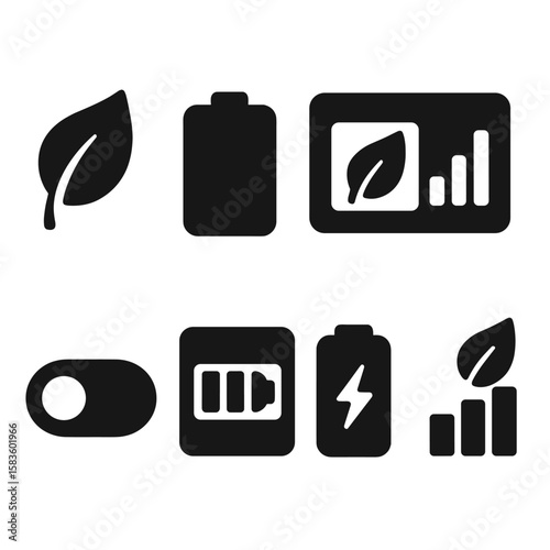 Eco-Friendly Interface Icons. Solid style icons of energy saving interface: energy leaf icon, green battery, eco interface,