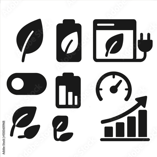 Eco-Friendly Interface Icons. Solid style icons of energy saving interface: energy leaf icon, green battery, eco interface,