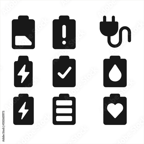 Battery Alert Icons. Solid style icons of battery alerts: low battery alert, critical warning icon, unplug alert, charge soon