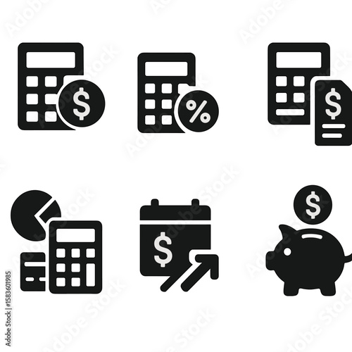 Financial Calculator Icons. Solid style icons of financial calculators: loan calculator, interest rate, EMI calculator, tax