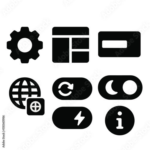 File Manager Icons. Solid style icons of file manager settings: settings gear, interface layout, storage tab, theme toggle,