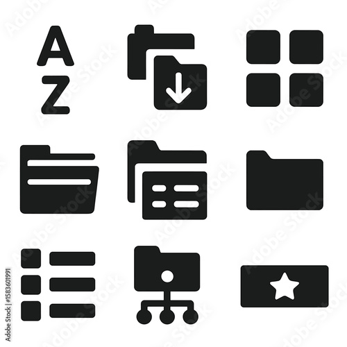 File Sorting Icons. Solid style icons of file sorting and view: sort A-Z, sort by date, sort by size, grid view, list view,