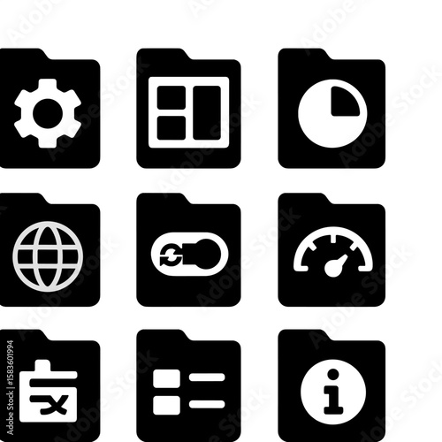 File Manager Icons. Solid style icons of file manager settings: settings gear, interface layout, storage tab, theme toggle,