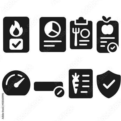 Calorie Tracking Icons. Solid style icons of calorie and nutrition calculators: calorie count, macros breakdown, meal planner icon