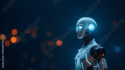 A humanoid robot with glowing blue lights