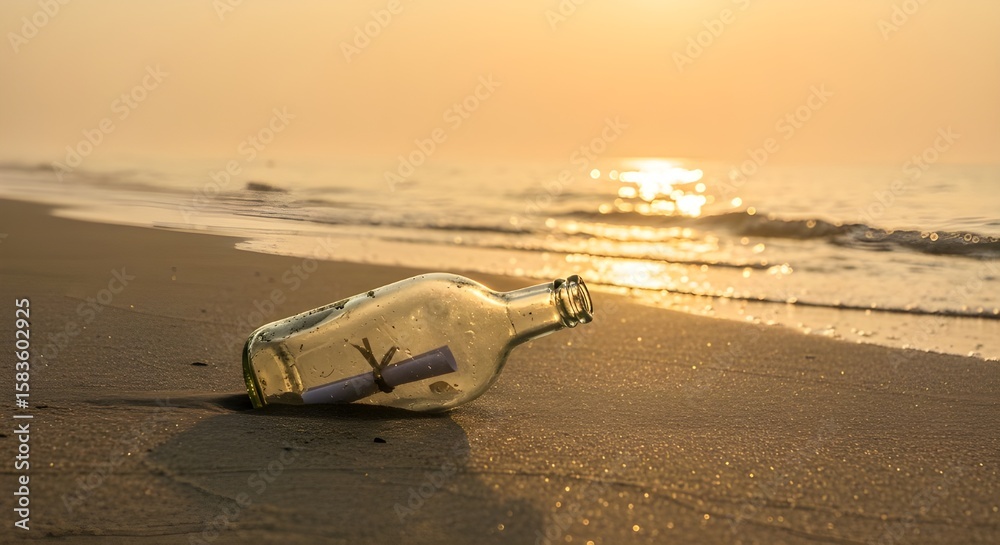 Obraz premium Glass bottle with a message washed ashore, resting on wet sand, early morning light, concept of mystery, hope, and discovery.