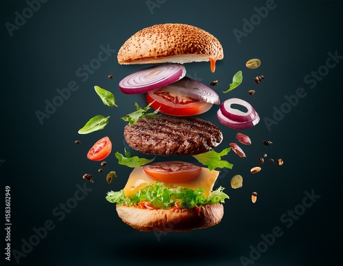 deconstructed burger delight a visually stunning display of burger components suspended in mid air a symphony of flavors and textures featuring a juicy patty fresh toppings