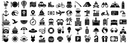 Travel, vacation and hotel icon set with transportation, accommodation, food, beach, and leisure symbols. Black vector glyph illustrations set for tourism and holiday designs