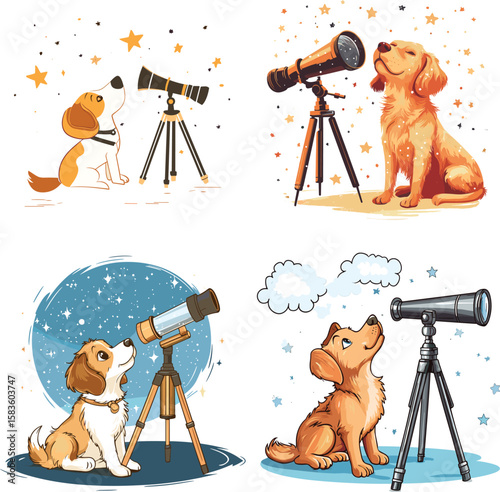 dog relaxing with a telescope watching the star vector style on white background