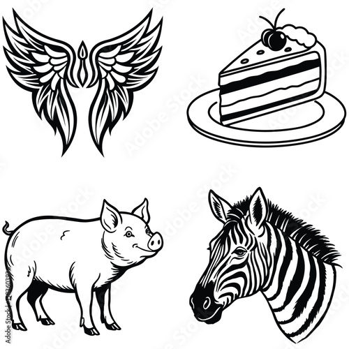 Vector art of a set of four illustrations featuring stylized wings, a slice of cake, a pig, and a zebras head