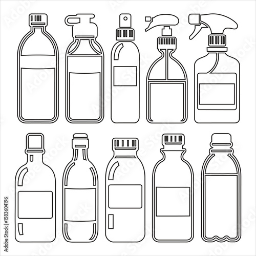 Assorted bottles and spray containers with various caps and nozzles spray bottle pump bottle