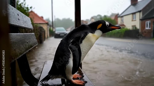 A penguin at a bus stop