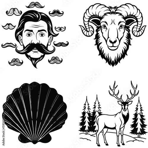 Vector art of four black and white illustrations display a man with a mustache, a rams head, a seashell, and a deer in a forest