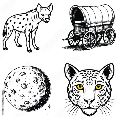 Vector art of a compilation of four black and white illustrations featuring a hyena, a wagon, the moon, and a leopards face