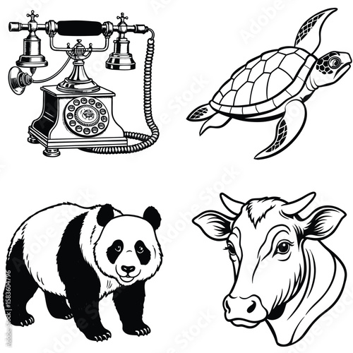 Vector art of a vintage rotary telephone, a sea turtle, a panda bear, and a cow head