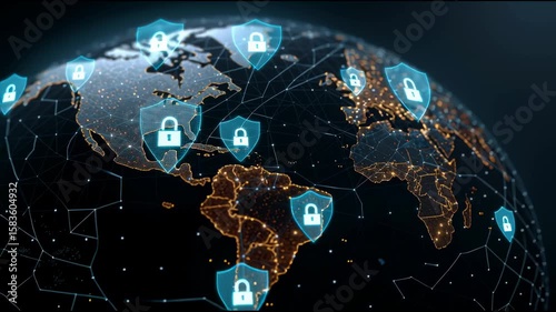 Global Security Shield: A digital representation of a secure world, where data is shielded by protective barriers, signifying the importance of cybersecurity and safeguarding global connectivity.