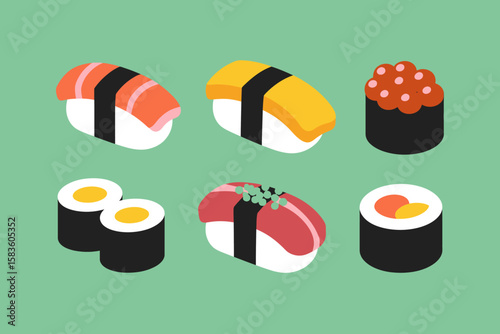 Assortment of colorful and delicious sushi and maki rolls, A flat illustration featuring six different types of sushi and maki rolls arranged on a light green background.