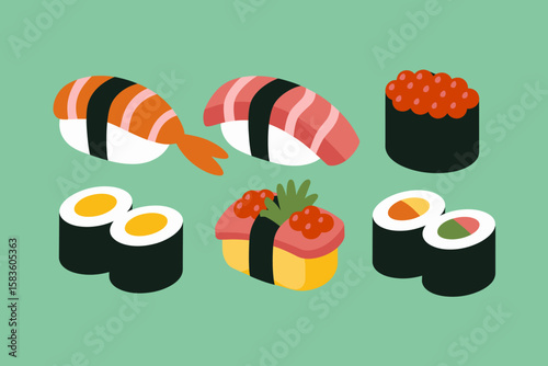 Assortment of colorful and delicious sushi and maki rolls, A flat illustration featuring six different types of sushi and maki rolls arranged on a light green background.