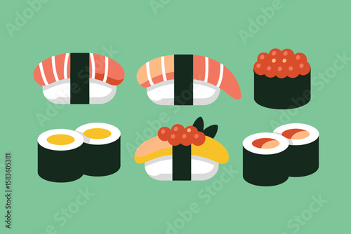 Assortment of colorful and delicious sushi and maki rolls, A flat illustration featuring six different types of sushi and maki rolls arranged on a light green background.