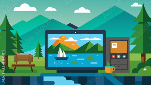 The cabins smart TV allows visitors to stream their favorite shows and movies even in this remote lakeside location.. Vector illustration
