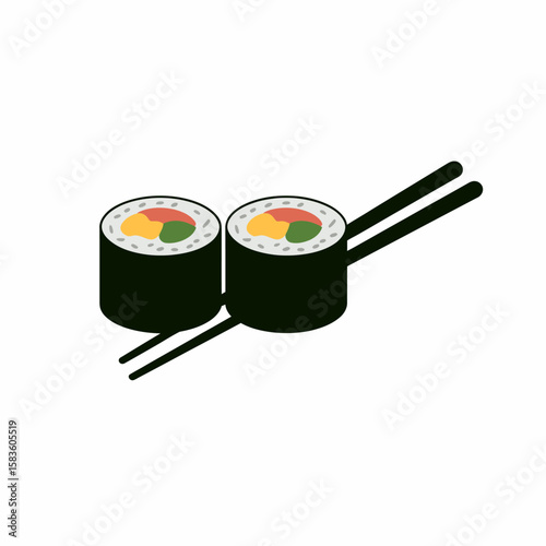 Two sushi rolls with chopsticks on a white background, A simple, flat illustration of two sushi rolls with visible fillings, resting on a pair of black chopsticks against a white backdrop.