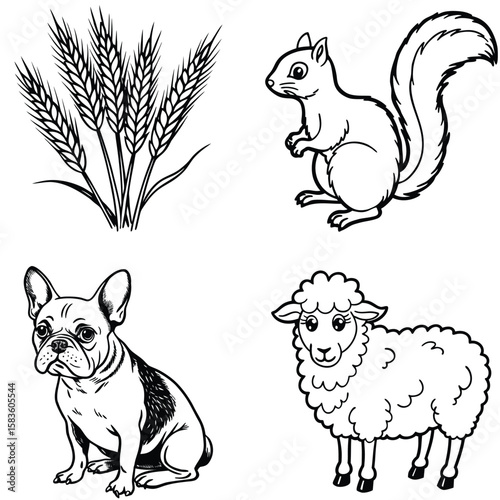 Vector art of a collection of farm and wild animals with wheat, including a squirrel, french bulldog, and sheep