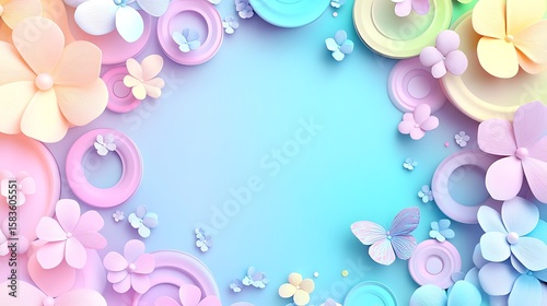Pastel floral frame with circles and butterflies