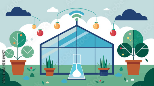 An image of a greenhouse with IoTenabled drip irrigation systems where water usage is optimized based on realtime weather data and plant needs.. Vector illustration