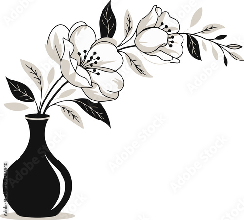Black vase with white and beige flowers and leaves