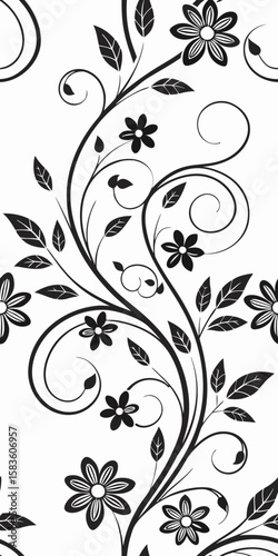 Seamless Floral Elegance in Monochrome: An elegant, swirling floral pattern blooms across a pristine field. Its intricate design evokes a sense of delicate beauty and timeless grace.